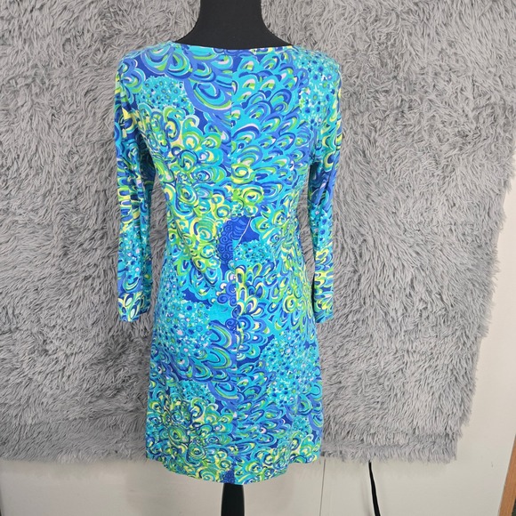 Lilly Pulitzer Dress Womens Medium Blue Green Peacock Pima Cotton Long Sleeve - Picture 2 of 5